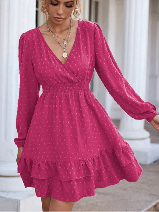 Swiss Dot Surplice Smocked Ruffle Hem Dress