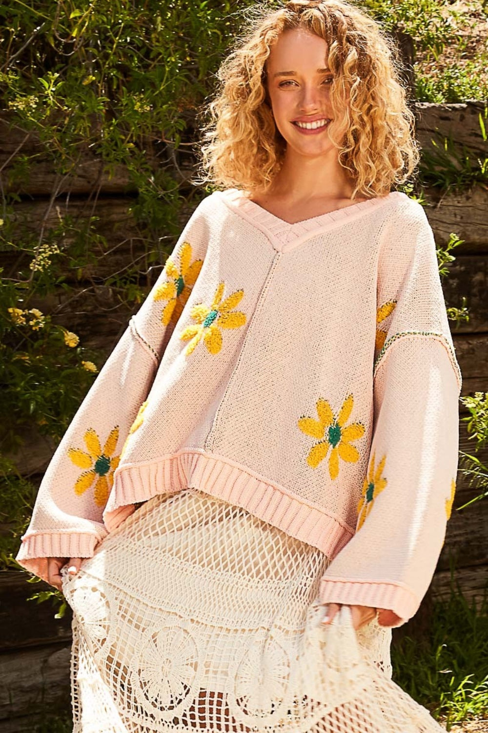 POL V-Neck Floral Pattern Chenille Sweater