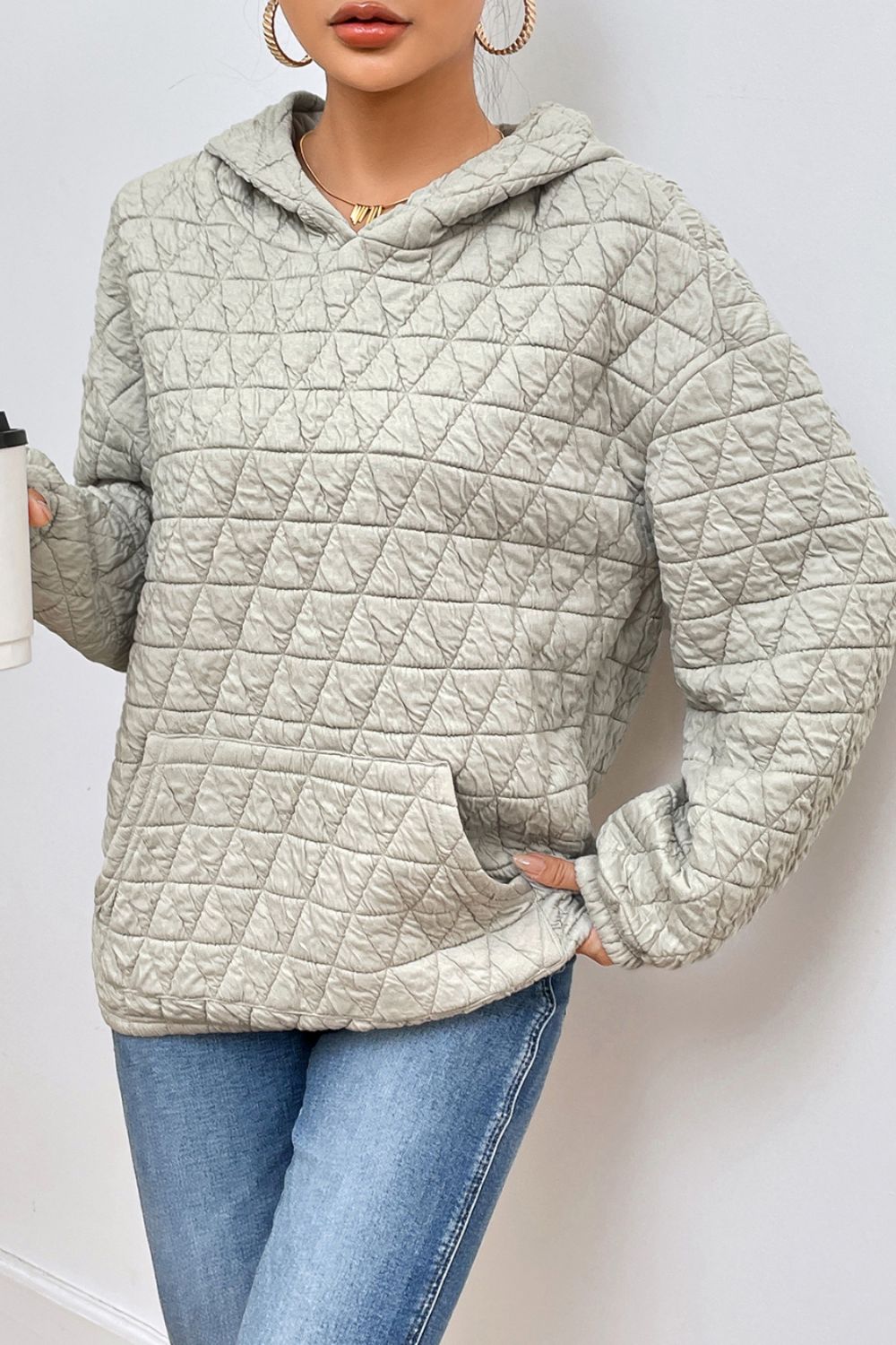 Quilted Long Sleeve Hoodie with Pocket