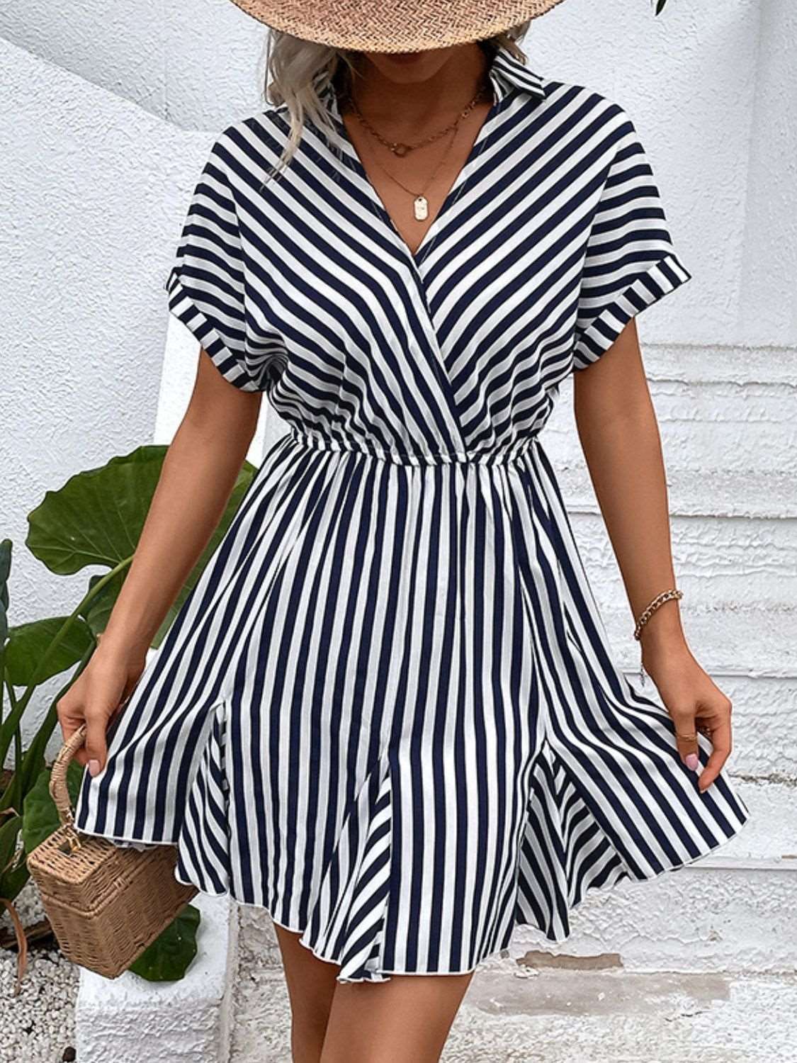 Perfee Striped Johnny Collar Mini Dress