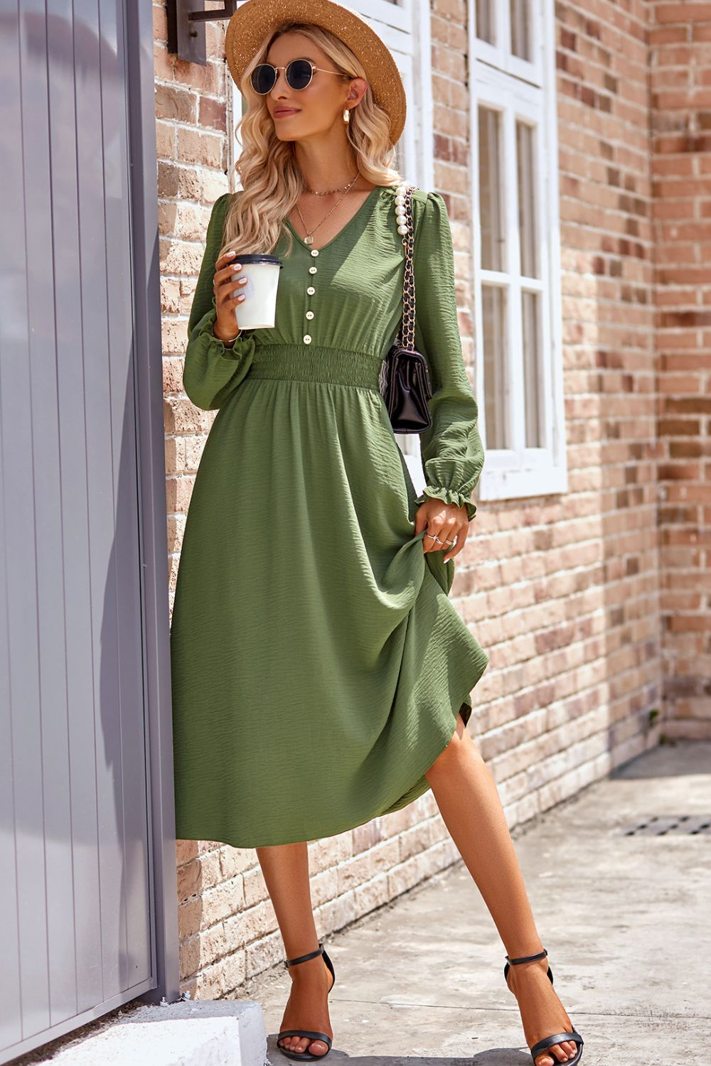 Smocked V-Neck Flounce Sleeve Midi Dress