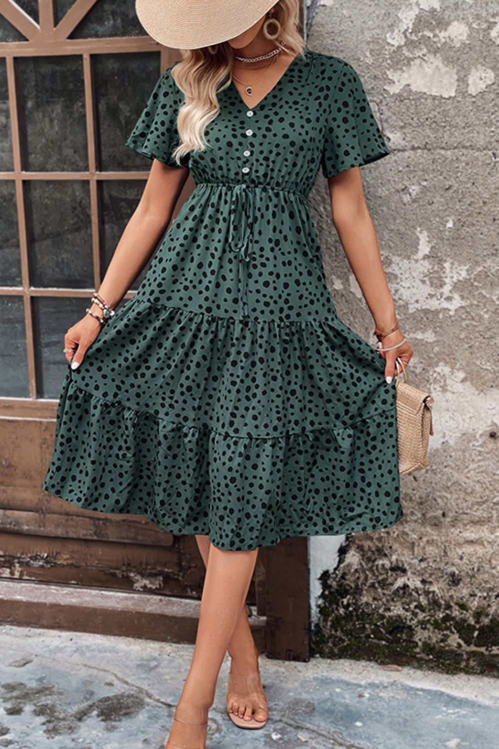 Perfee Printed Buttoned V-Neck Flutter Sleeve Dress