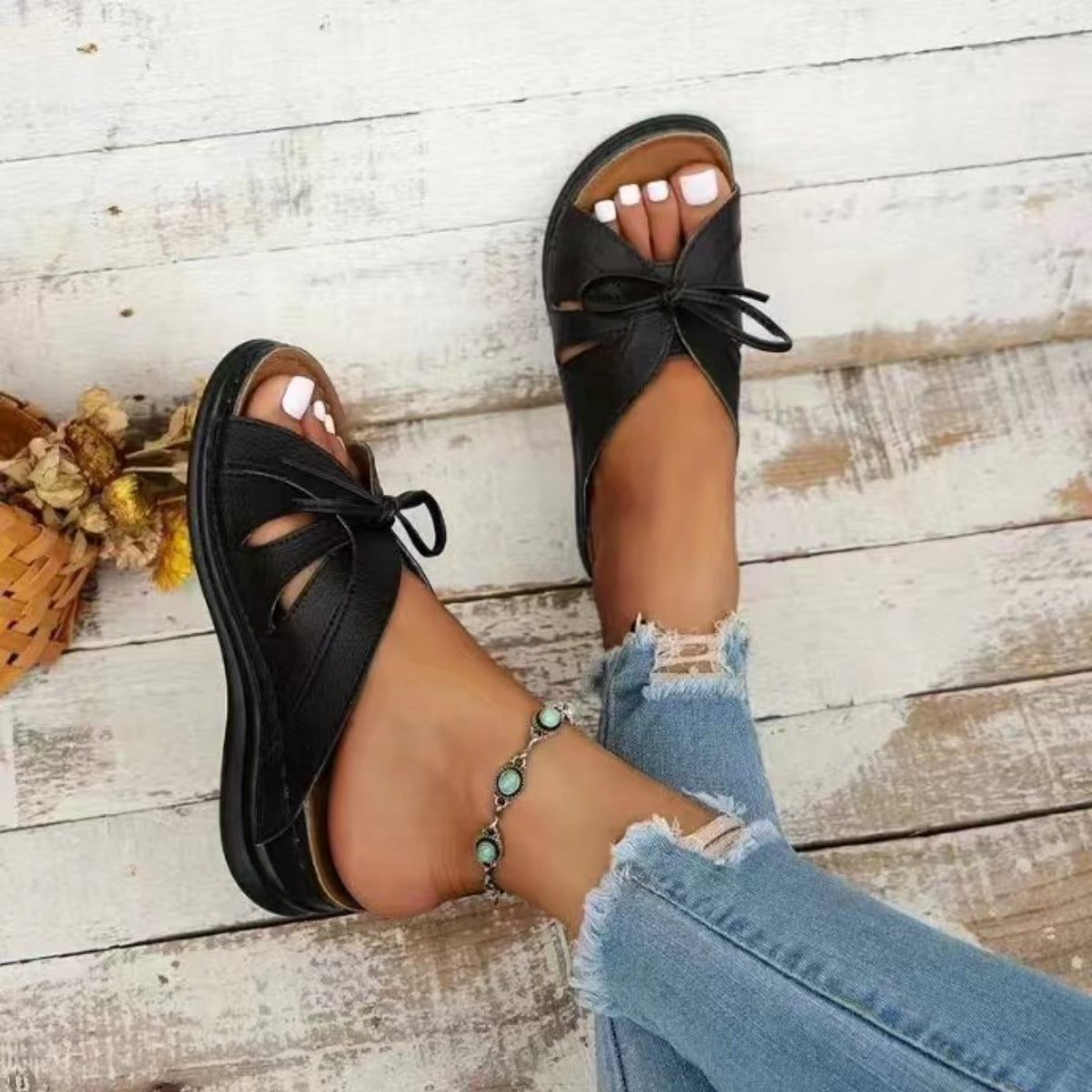 Tied Open Toe Low Heel Sandals