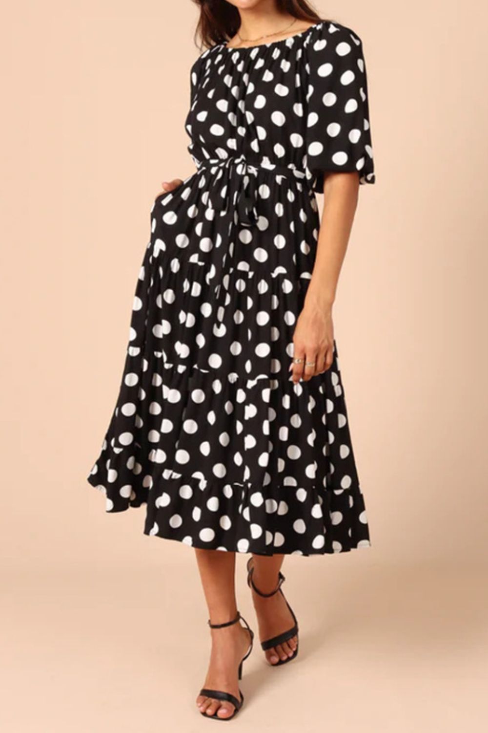 Polka Dot Tie Waist Midi Dress