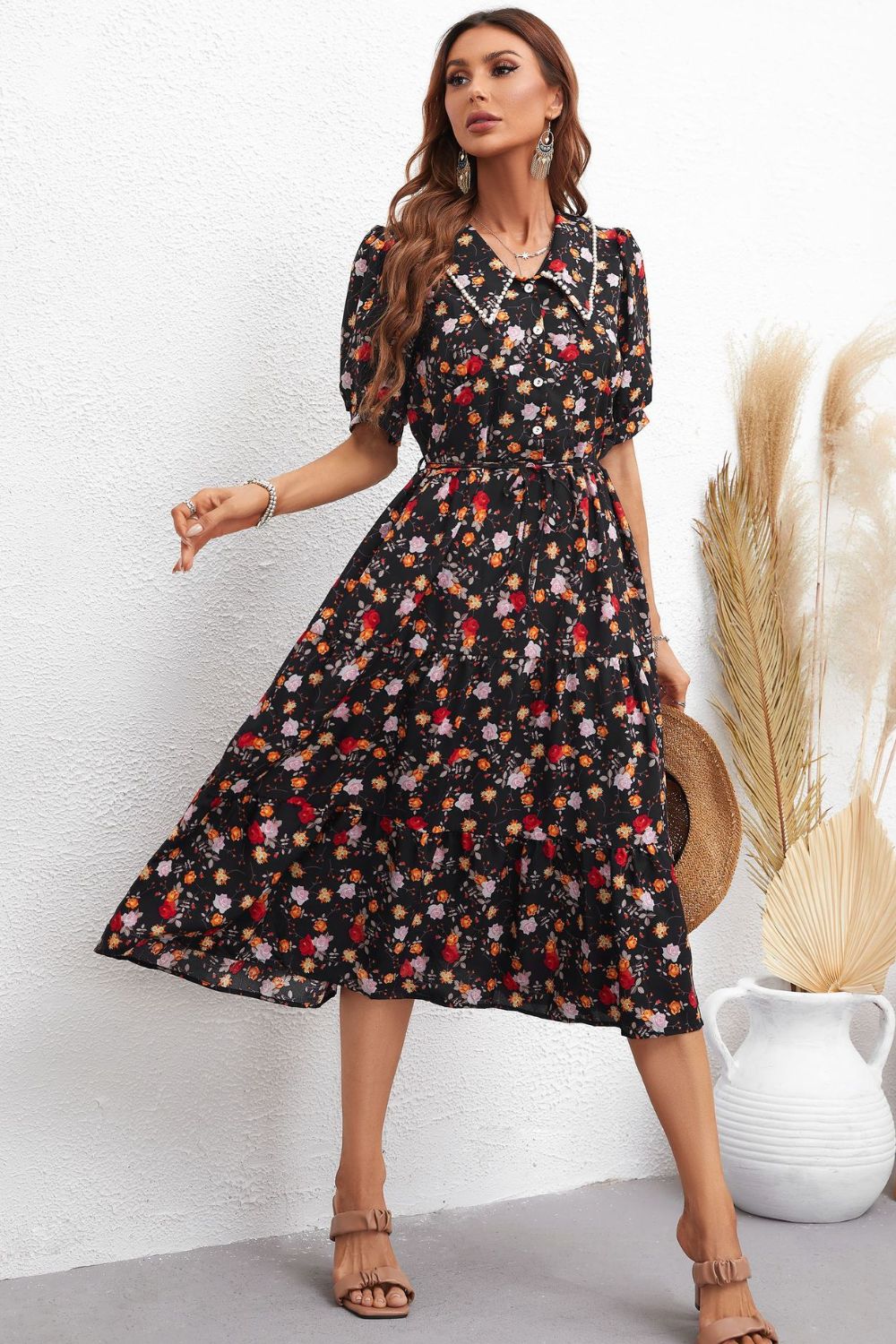 Honey Floral Collared Neck Puff Sleeve Dress