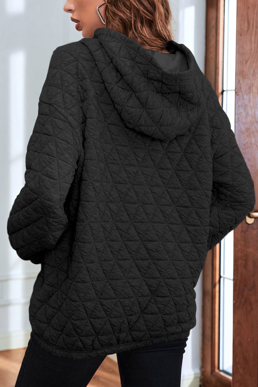 Quilted Long Sleeve Hoodie with Pocket