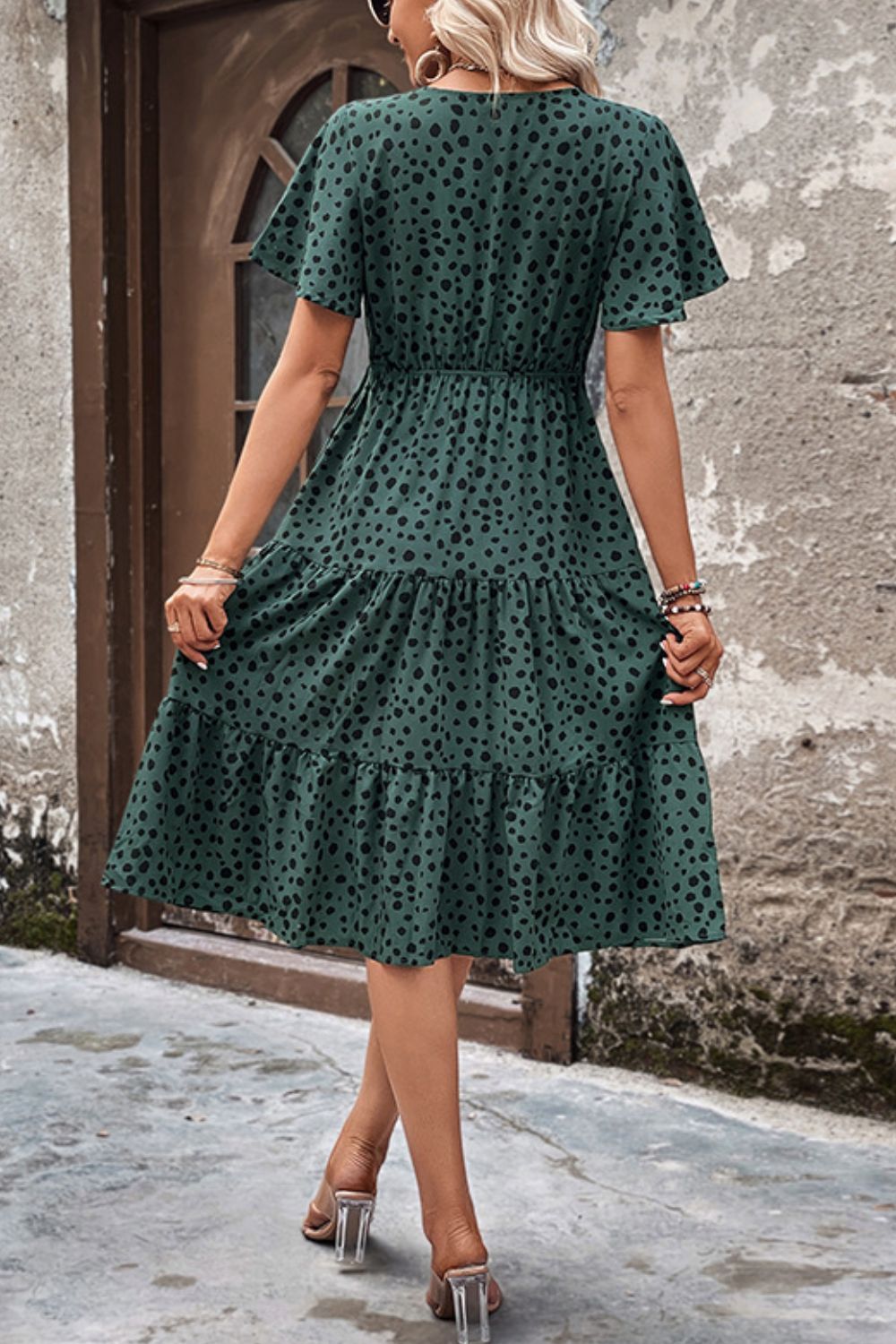 Perfee Printed Buttoned V-Neck Flutter Sleeve Dress