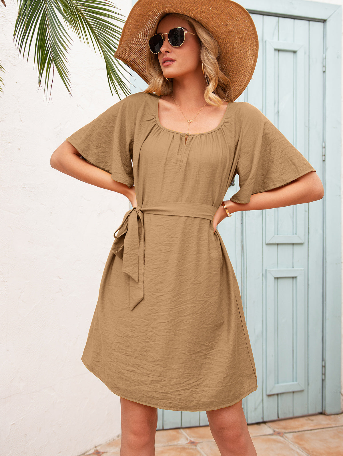 Ivy Lane Tie Waist Flutter Sleeve Mini Dress