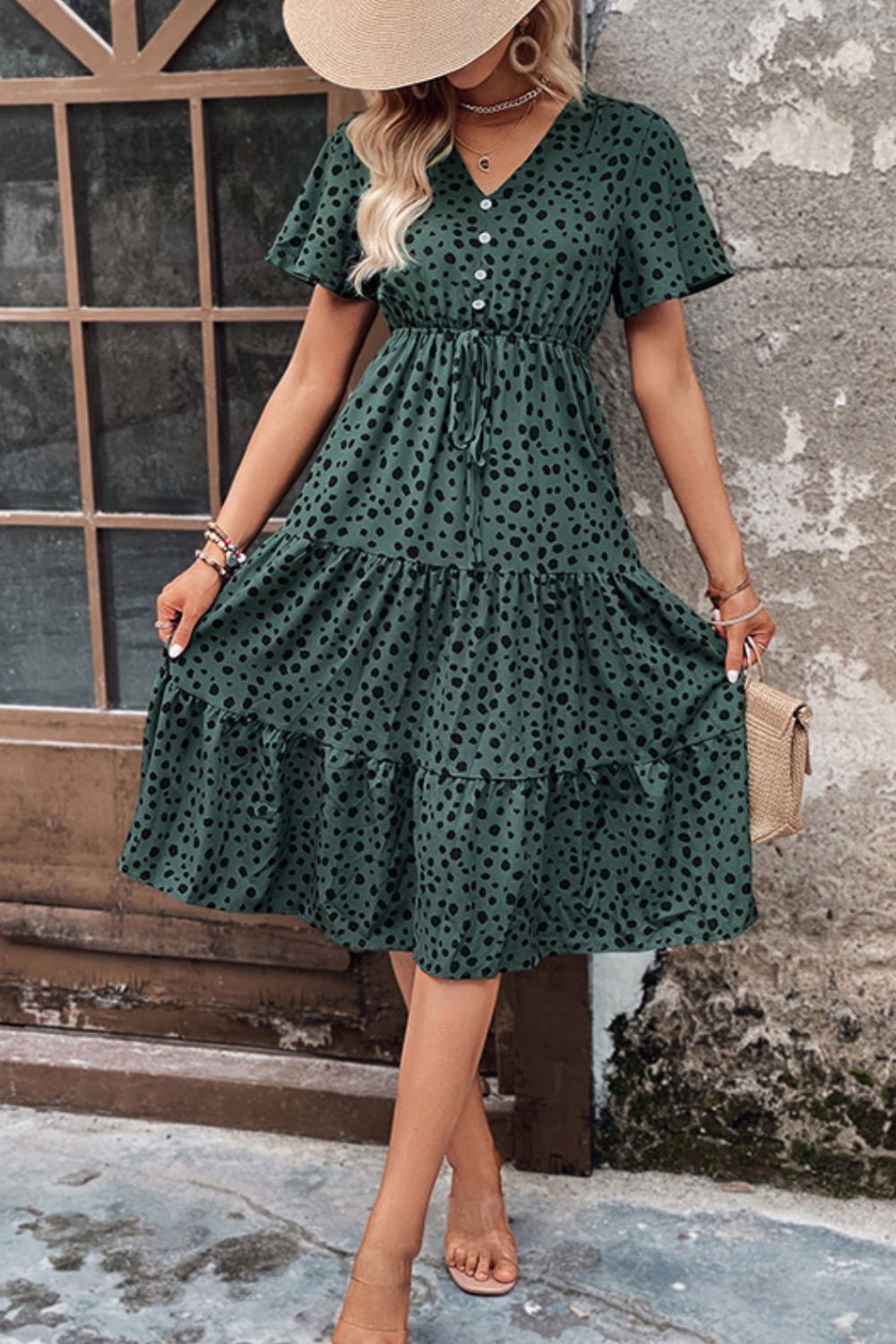 Perfee Printed Buttoned V-Neck Flutter Sleeve Dress